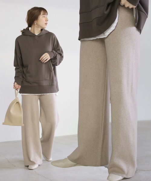 select MOCA(セレクトモカ)の「ワイドニットロングパンツ(その他パンツ・レディース・アイボリー/サンドベージュ/ライトベージュ・FREE)」の3枚目の写真