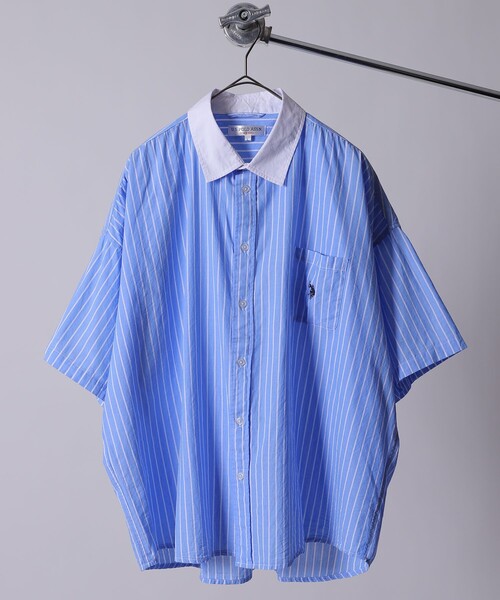 FREAK'S STORE（フリークスストア）の「WEB限定 U.S. POLO ASSN.×FREAK'S STORE/ユーエスポロアッスン 別注 ワンポイント刺繍ロゴ SS レギュラーカラーシャツ（シャツ/ブラウス・メンズ・ベージュ/グレイッシュブルー/ブラック/ブルー系その他/ストライプ/ホワイト・MEDIUM/SMALL/LARGE）」の13枚目の写真