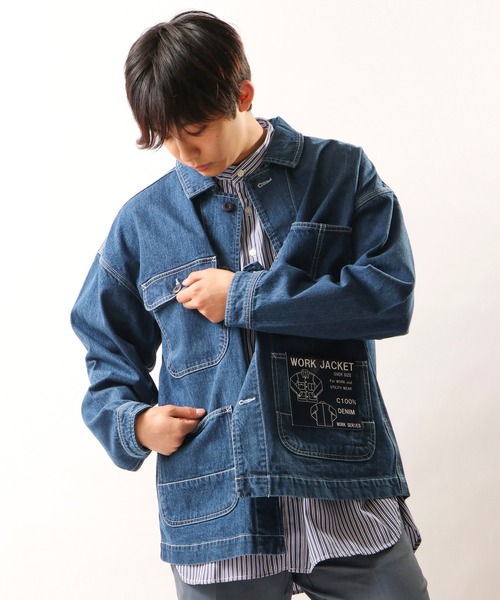FREE GATE（フリーゲート）の「FREE GATE スラブデニム オーバーサイズ ビッグシルエット ワークジャケット カバーオール（カバーオール・メンズ・ブルー/ネイビー/ストライプ・S/M/LL/L）」の16枚目の写真