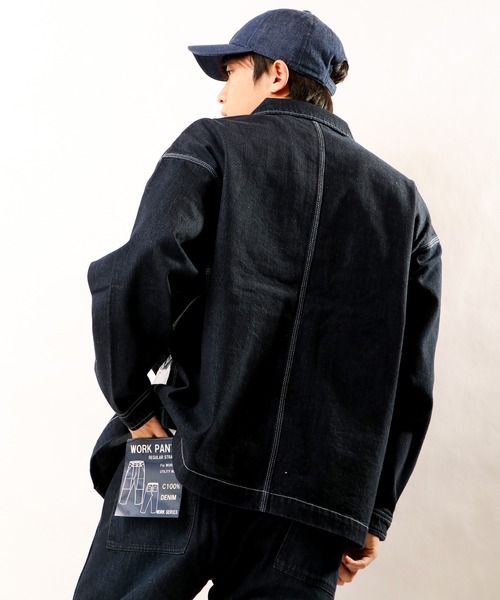 FREE GATE（フリーゲート）の「FREE GATE スラブデニム オーバーサイズ ビッグシルエット ワークジャケット カバーオール（カバーオール・メンズ・ブルー/ネイビー/ストライプ・S/M/LL/L）」の11枚目の写真