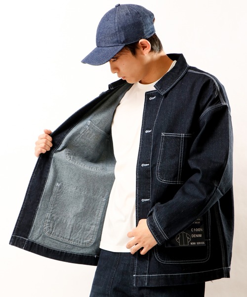 FREE GATE（フリーゲート）の「FREE GATE スラブデニム オーバーサイズ ビッグシルエット ワークジャケット カバーオール（カバーオール・メンズ・ブルー/ネイビー/ストライプ・S/M/LL/L）」の9枚目の写真