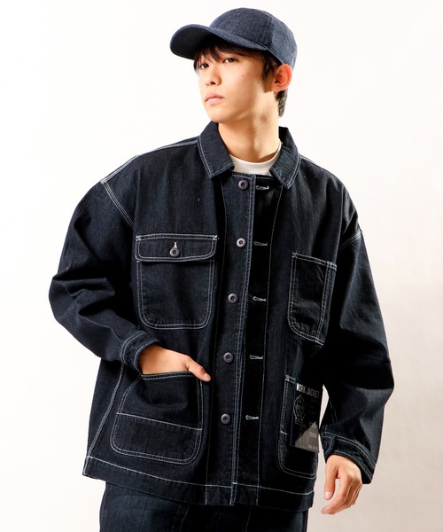 FREE GATE（フリーゲート）の「FREE GATE スラブデニム オーバーサイズ ビッグシルエット ワークジャケット カバーオール（カバーオール・メンズ・ブルー/ネイビー/ストライプ・S/M/LL/L）」の8枚目の写真