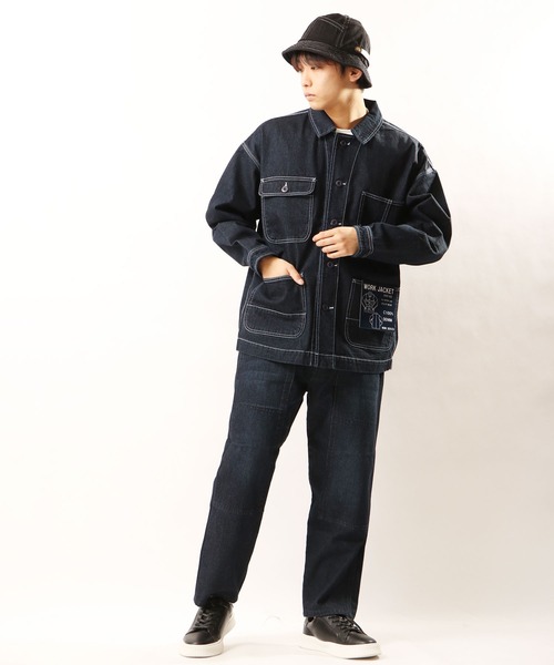 FREE GATE（フリーゲート）の「FREE GATE スラブデニム オーバーサイズ ビッグシルエット ワークジャケット カバーオール（カバーオール・メンズ・ブルー/ネイビー/ストライプ・S/M/LL/L）」の12枚目の写真