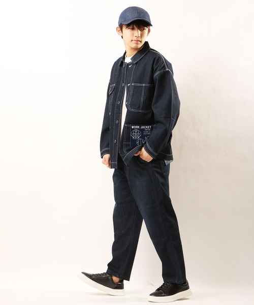 FREE GATE（フリーゲート）の「FREE GATE スラブデニム オーバーサイズ ビッグシルエット ワークジャケット カバーオール（カバーオール・メンズ・ブルー/ネイビー/ストライプ・S/M/LL/L）」の13枚目の写真