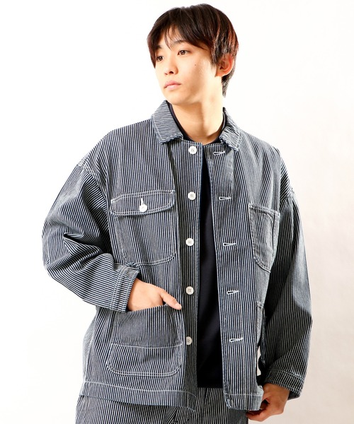 FREE GATE（フリーゲート）の「FREE GATE スラブデニム オーバーサイズ ビッグシルエット ワークジャケット カバーオール（カバーオール・メンズ・ブルー/ネイビー/ストライプ・S/M/LL/L）」の22枚目の写真