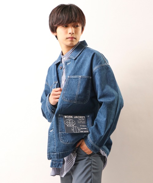 FREE GATE（フリーゲート）の「FREE GATE スラブデニム オーバーサイズ ビッグシルエット ワークジャケット カバーオール（カバーオール・メンズ・ブルー/ネイビー/ストライプ・S/M/LL/L）」の4枚目の写真