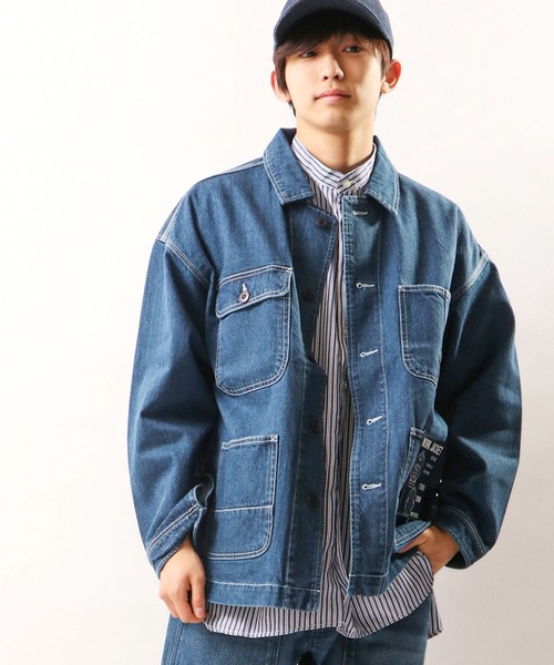 FREE GATE（フリーゲート）の「FREE GATE スラブデニム オーバーサイズ ビッグシルエット ワークジャケット カバーオール（カバーオール・メンズ・ブルー/ネイビー/ストライプ・S/M/LL/L）」の5枚目の写真