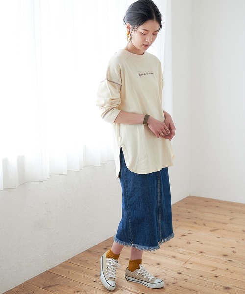 KANGOL EXTRA COMFORT（カンゴールエクストラコンフォート）の「バイカラー(配色)ステッチ オーバーサイズ ラウンドヘムロンT（チュニック・レディース・ブラック/ブルーグレー/モカ/ライトベージュ・LL/M/L）」の19枚目の写真