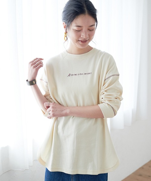 KANGOL EXTRA COMFORT（カンゴールエクストラコンフォート）の「バイカラー(配色)ステッチ オーバーサイズ ラウンドヘムロンT（チュニック・レディース・ブラック/ブルーグレー/モカ/ライトベージュ・LL/M/L）」の20枚目の写真