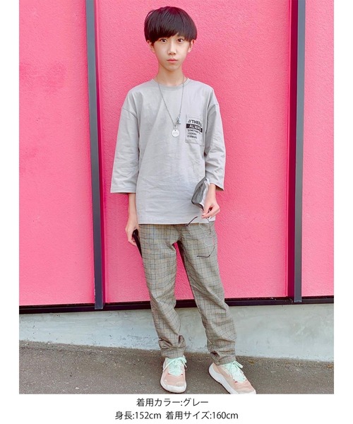 GLAZOS（グラソス）の「タフ天竺・ドロップショルダーポケットプリント7分袖Tシャツ（Tシャツ/カットソー・キッズ・ホワイト/ブラック/グレー/ブルー・130cm/140cm/150cm/160cm/170cm）」の20枚目の写真