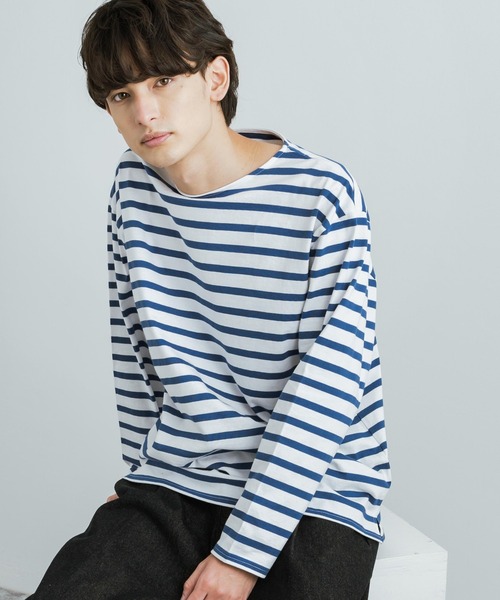 Rocky Monroe（ロッキーモンロー）の「バスクボーダー / 無地 ボートネックロングTシャツ（Tシャツ/カットソー・メンズ・ベージュ×ブラック/ブラウン系/ネイビー×ホワイト/ホワイト/ブラック/ホワイト×ブルー/ホワイト×ブラック/ホワイト×ピンク・M/L/XL）」の3枚目の写真