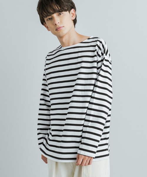 Rocky Monroe（ロッキーモンロー）の「バスクボーダー / 無地 ボートネックロングTシャツ（Tシャツ/カットソー・メンズ・ベージュ×ブラック/ブラウン系/ネイビー×ホワイト/ホワイト/ブラック/ホワイト×ブルー/ホワイト×ブラック/ホワイト×ピンク・M/L/XL）」の4枚目の写真