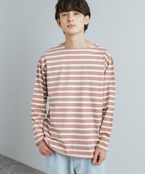 Rocky Monroe（ロッキーモンロー）の「バスクボーダー / 無地 ボートネックロングTシャツ（Tシャツ/カットソー・メンズ・ベージュ×ブラック/ブラウン系/ネイビー×ホワイト/ホワイト/ブラック/ホワイト×ブルー/ホワイト×ブラック/ホワイト×ピンク・M/L/XL）」の5枚目の写真