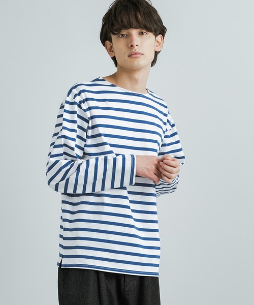 Rocky Monroe（ロッキーモンロー）の「バスクボーダー / 無地 ボートネックロングTシャツ（Tシャツ/カットソー・メンズ・ベージュ×ブラック/ブラウン系/ネイビー×ホワイト/ホワイト/ブラック/ホワイト×ブルー/ホワイト×ブラック/ホワイト×ピンク・M/L/XL）」の12枚目の写真