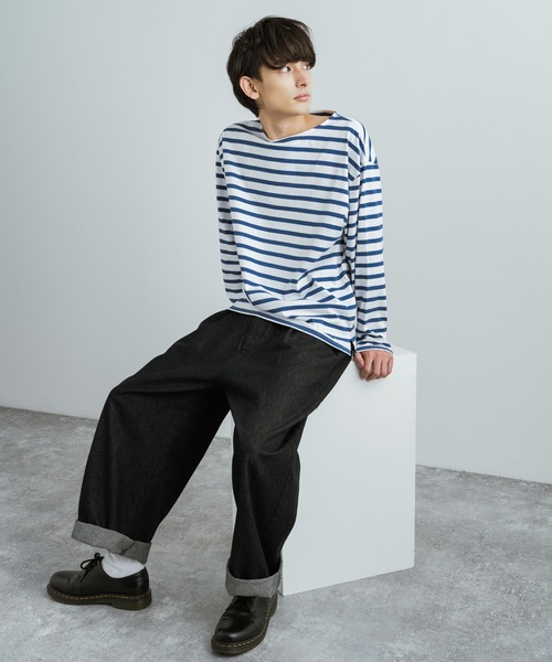 Rocky Monroe（ロッキーモンロー）の「バスクボーダー / 無地 ボートネックロングTシャツ（Tシャツ/カットソー・メンズ・ベージュ×ブラック/ブラウン系/ネイビー×ホワイト/ホワイト/ブラック/ホワイト×ブルー/ホワイト×ブラック/ホワイト×ピンク・M/L/XL）」の13枚目の写真