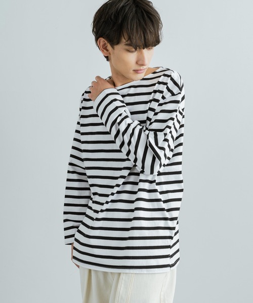 Rocky Monroe（ロッキーモンロー）の「バスクボーダー / 無地 ボートネックロングTシャツ（Tシャツ/カットソー・メンズ・ベージュ×ブラック/ブラウン系/ネイビー×ホワイト/ホワイト/ブラック/ホワイト×ブルー/ホワイト×ブラック/ホワイト×ピンク・M/L/XL）」の14枚目の写真