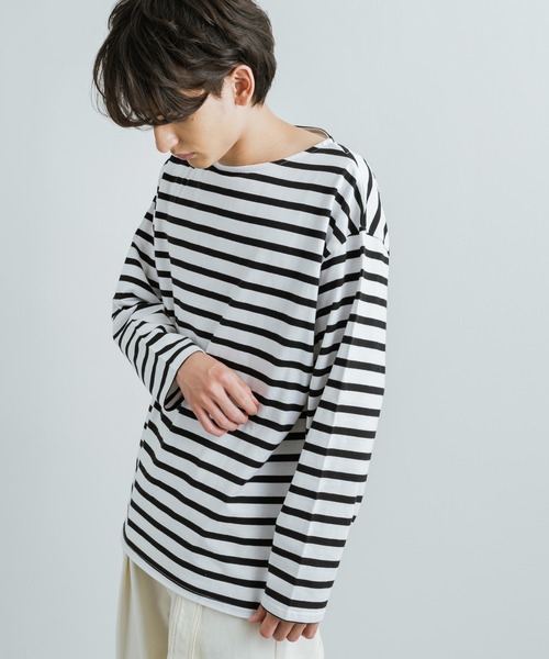 Rocky Monroe（ロッキーモンロー）の「バスクボーダー / 無地 ボートネックロングTシャツ（Tシャツ/カットソー・メンズ・ベージュ×ブラック/ブラウン系/ネイビー×ホワイト/ホワイト/ブラック/ホワイト×ブルー/ホワイト×ブラック/ホワイト×ピンク・M/L/XL）」の16枚目の写真