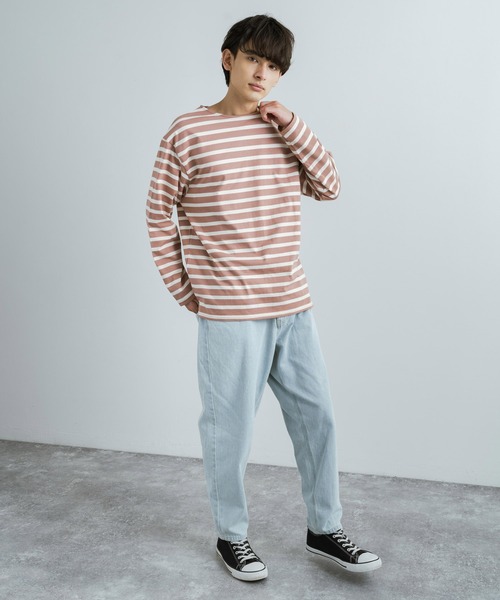 Rocky Monroe（ロッキーモンロー）の「バスクボーダー / 無地 ボートネックロングTシャツ（Tシャツ/カットソー・メンズ・ベージュ×ブラック/ブラウン系/ネイビー×ホワイト/ホワイト/ブラック/ホワイト×ブルー/ホワイト×ブラック/ホワイト×ピンク・M/L/XL）」の18枚目の写真