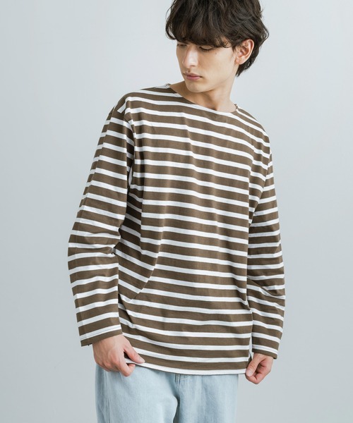 Rocky Monroe（ロッキーモンロー）の「バスクボーダー / 無地 ボートネックロングTシャツ（Tシャツ/カットソー・メンズ・ベージュ×ブラック/ブラウン系/ネイビー×ホワイト/ホワイト/ブラック/ホワイト×ブルー/ホワイト×ブラック/ホワイト×ピンク・M/L/XL）」の21枚目の写真