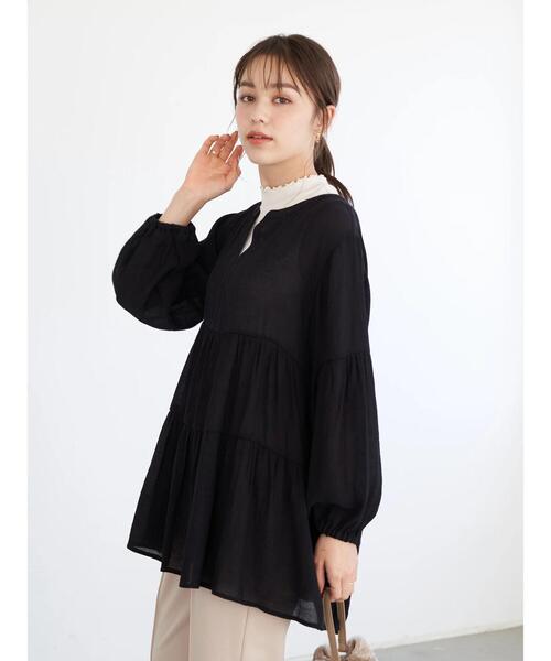 earth music&ecology（アースミュージックアンドエコロジー）の「シアークレープティアードチュニック ＊（チュニック・レディース・ブラック/ベージュ/ピンクベージュ・FREE）」の20枚目の写真