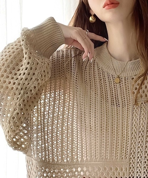 classicalelf（クラシカルエルフ）の「重ね着が決まる、ざっくり華奢感映え。パターン切替メッシュニット（ニット/セーター・レディース・ベージュ/モカ/ライトベージュ・MEDIUM/LARGE/X-LARGE）」の7枚目の写真