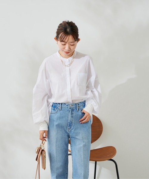 DouDou（ドゥドゥ）の「袖リブバックギャザーシャツ（シャツ/ブラウス・レディース・スカイブルー/ホワイト/ネイビー・FREE）」の8枚目の写真