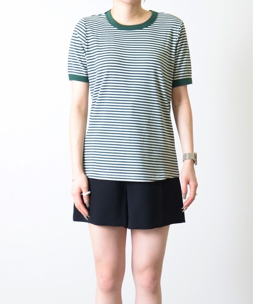 ibeul_（イベール）の「リブテレコボーダー ボックスTシャツ（Tシャツ/カットソー・レディース・ブラック/グリーン・M/XL）」の6枚目の写真