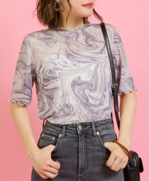 SpRay（スプレイ）の「マーブル柄パワーネット５分袖カットソー（Tシャツ/カットソー・レディース・パープル/グレー/ミント・FREE）」の4枚目の写真