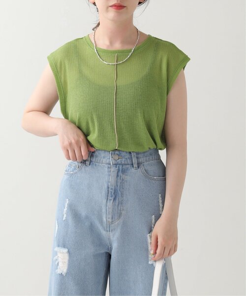 RAY CASSIN(レイカズン)の「シアーリブ配色メローノースリ(タンクトップ・レディース・グリーン/杢グレー/キナリ・FREE)」の1枚目の写真