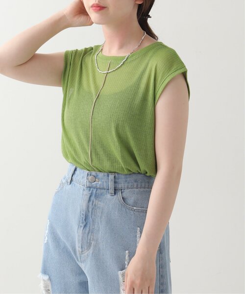 RAY CASSIN(レイカズン)の「シアーリブ配色メローノースリ(タンクトップ・レディース・グリーン/杢グレー/キナリ・FREE)」の4枚目の写真