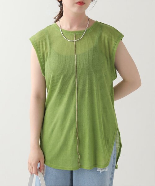 RAY CASSIN(レイカズン)の「シアーリブ配色メローノースリ(タンクトップ・レディース・グリーン/杢グレー/キナリ・FREE)」の9枚目の写真