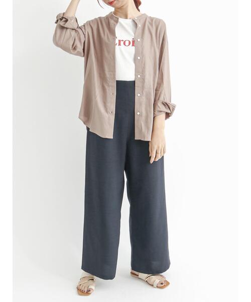 Te chichi TERRASSE（テチチテラス）の「リネン混バンドカラーオーバーシャツ（シャツ/ブラウス・レディース・ブラック/グリーン/モカ・ﾌﾘ-）」の6枚目の写真