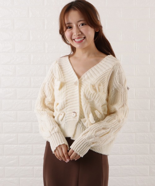 b1945【Natour plus】レディース　カーディガン　レース　アイボリー レースレディース Lace Ladies リボンショートニット