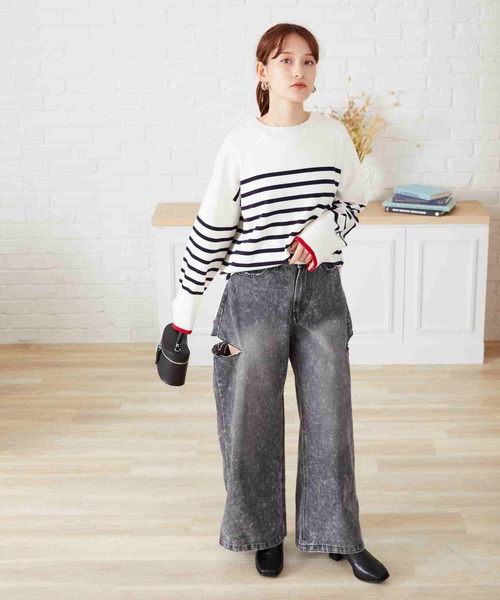 acro（アクロ）の「配色ラインボーダーニット/AC2306（ニット/セーター・レディース・ネイビー/ブラウン/アイボリー・ﾌﾘ-）」の11枚目の写真