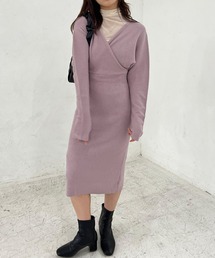 Lamoa/Vネック カシュクール ニットワンピース