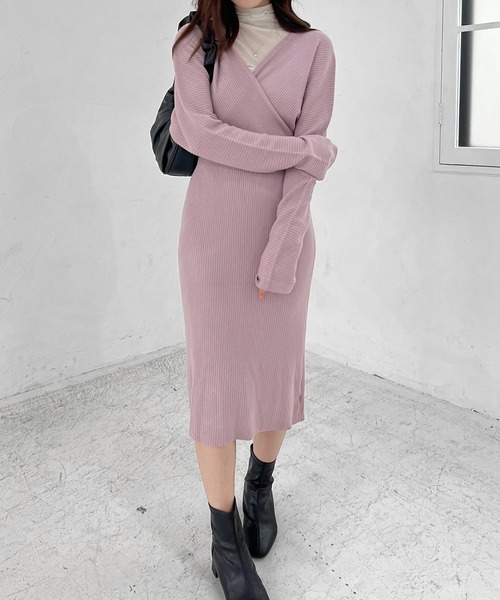 Lamoa（ラモア）の「Lamoa/Vネック カシュクール ニットワンピース（ワンピース・レディース・アイボリー/ブラック/ブラウン/ベージュ/ピンク・FREE）」の13枚目の写真