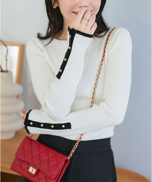 ちっぽ様 リブニット セール】ネックタイプが選べるもっちりリブニットトップス（ニット