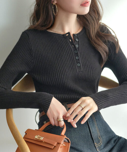 セール】ネックタイプが選べるもっちりリブニットトップス（ニット