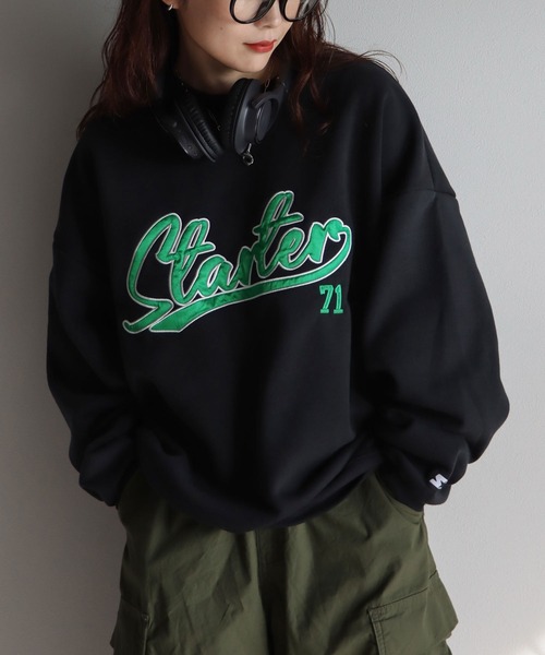 STARTER（スターター）の「STARTER 別注コラボ オーバーサイズ 裏起毛ブランドロゴ刺繍クルーネックスウェット（スウェット・レディース・グリーン/杢グレー/ブラック系/グリーン系/グレー/ブラック・M/L/XL）」の3枚目の写真