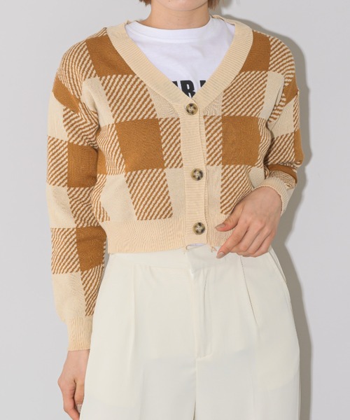 HERMES ベージュ チェック柄 カーディガン ブロックチェックショートニットカーディガン（カーディガン/ボレロ