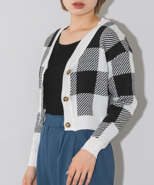 ブロックチェックショートニットカーディガン（カーディガン/ボレロ
