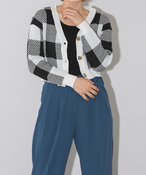 ブロックチェックショートニットカーディガン（カーディガン/ボレロ