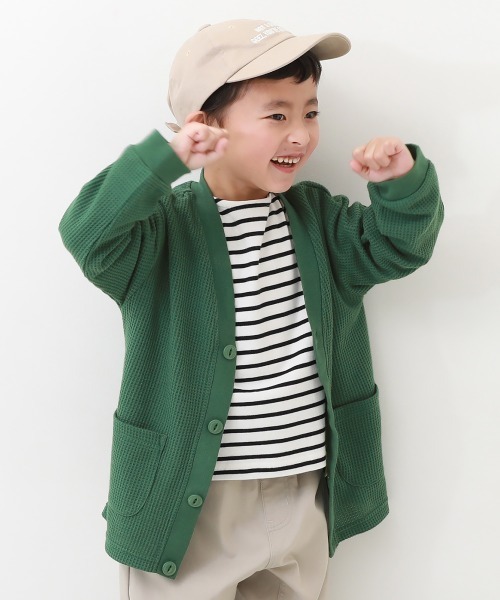 devirock（デビロック）の「UVカット ワッフルカーディガン（カーディガン/ボレロ・キッズ・ブラック/ブルー系その他/スモークピンク/グリーン系その他/オートミール/イエロー系1/パープル系・100cm/110cm/160cm/120cm/130cm/140cm/150cm）」の3枚目の写真