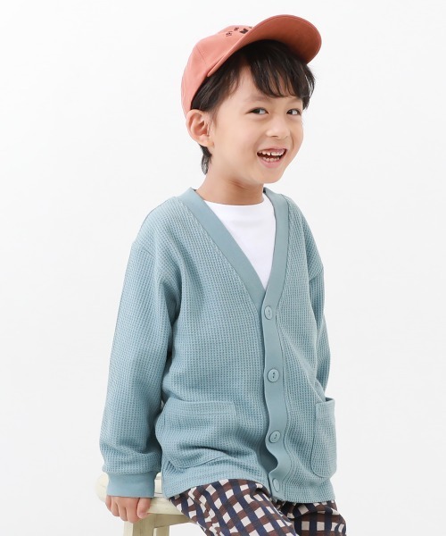 devirock（デビロック）の「UVカット ワッフルカーディガン（カーディガン/ボレロ・キッズ・ブラック/ブルー系その他/スモークピンク/グリーン系その他/オートミール/イエロー系1/パープル系・100cm/110cm/160cm/120cm/130cm/140cm/150cm）」の4枚目の写真