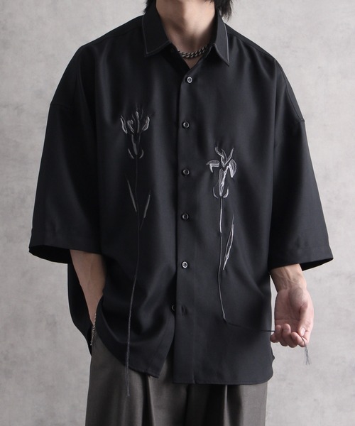 Lサイズ　◆刺繍半袖プルオーバーSHIRTS-BLACK welise/ウェライズ】フラワーリメイク刺繍 半袖 オーバーサイズ