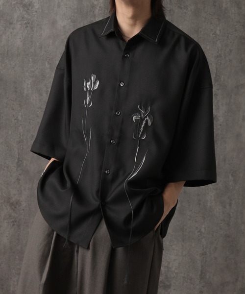 Lサイズ　◆刺繍半袖プルオーバーSHIRTS-BLACK ワンフォークロージング 1111clothing ◇フラワー サガラ刺繍 T