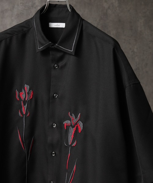 Lサイズ　◆刺繍半袖プルオーバーSHIRTS-BLACK 7/26まで Nilway シャツ 刺繍デザイン オーバーサイズ ドレープレギュラー