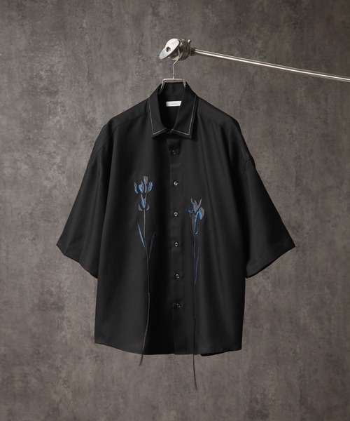 Lサイズ　◆刺繍半袖プルオーバーSHIRTS-BLACK welise シャツ 「welise/ウェライズ」フラワーリメイク刺繍 半袖