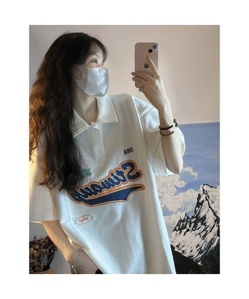 DEVICE（デバイス）の「オーバーサイズ フロントロゴ 刺繍 プリント 半袖 ポロシャツ ポロネック ラガーシャツ（ポロシャツ・レディース・ホワイト・FREE）」の4枚目の写真