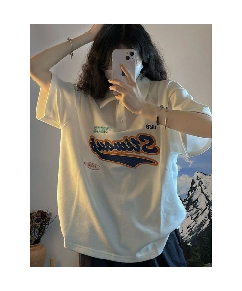 DEVICE（デバイス）の「オーバーサイズ フロントロゴ 刺繍 プリント 半袖 ポロシャツ ポロネック ラガーシャツ（ポロシャツ・レディース・ホワイト・FREE）」の5枚目の写真